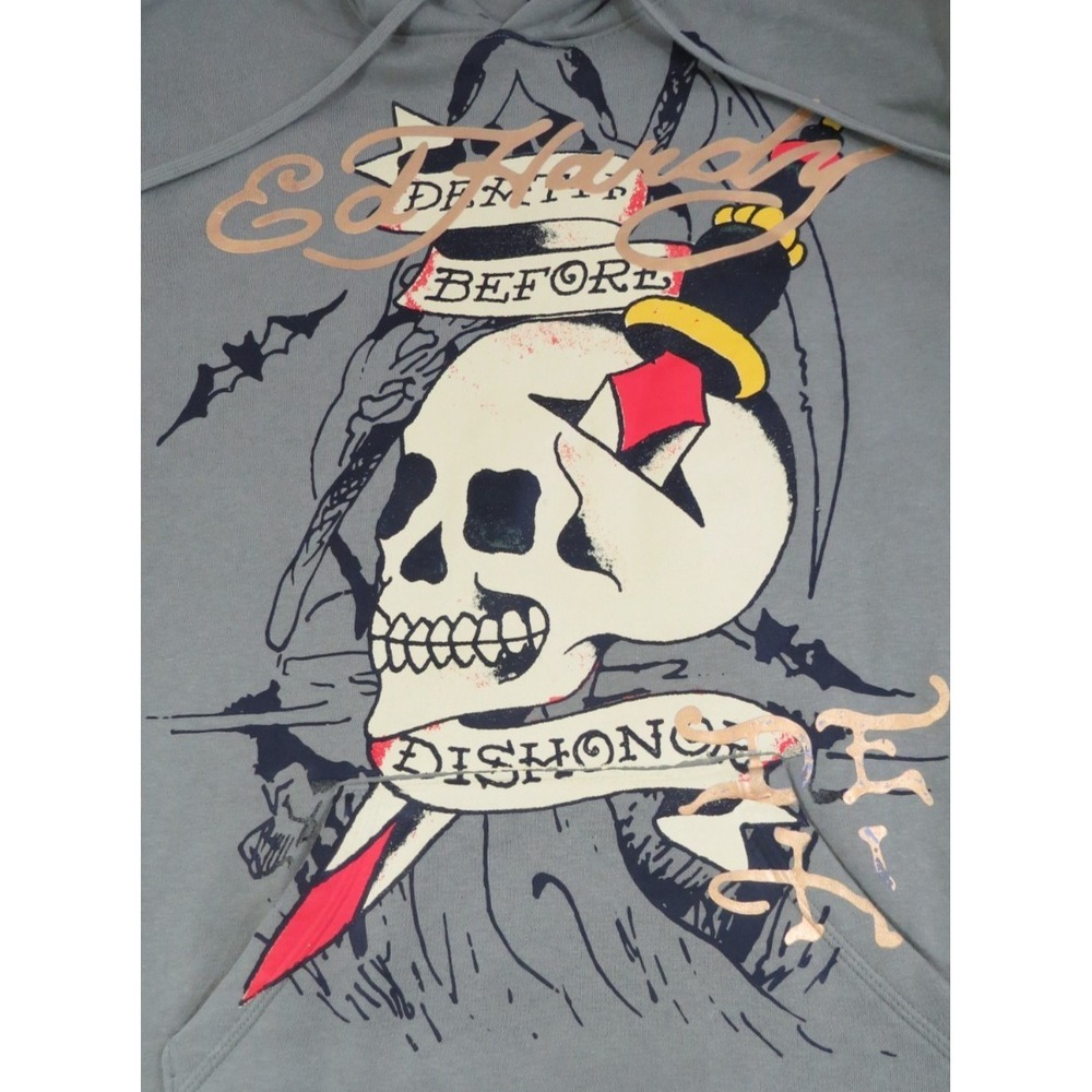 NWT Ed Hardy Hoodie Death Before Dishonor Skull Graphic Pullover Cotton Men L LS
